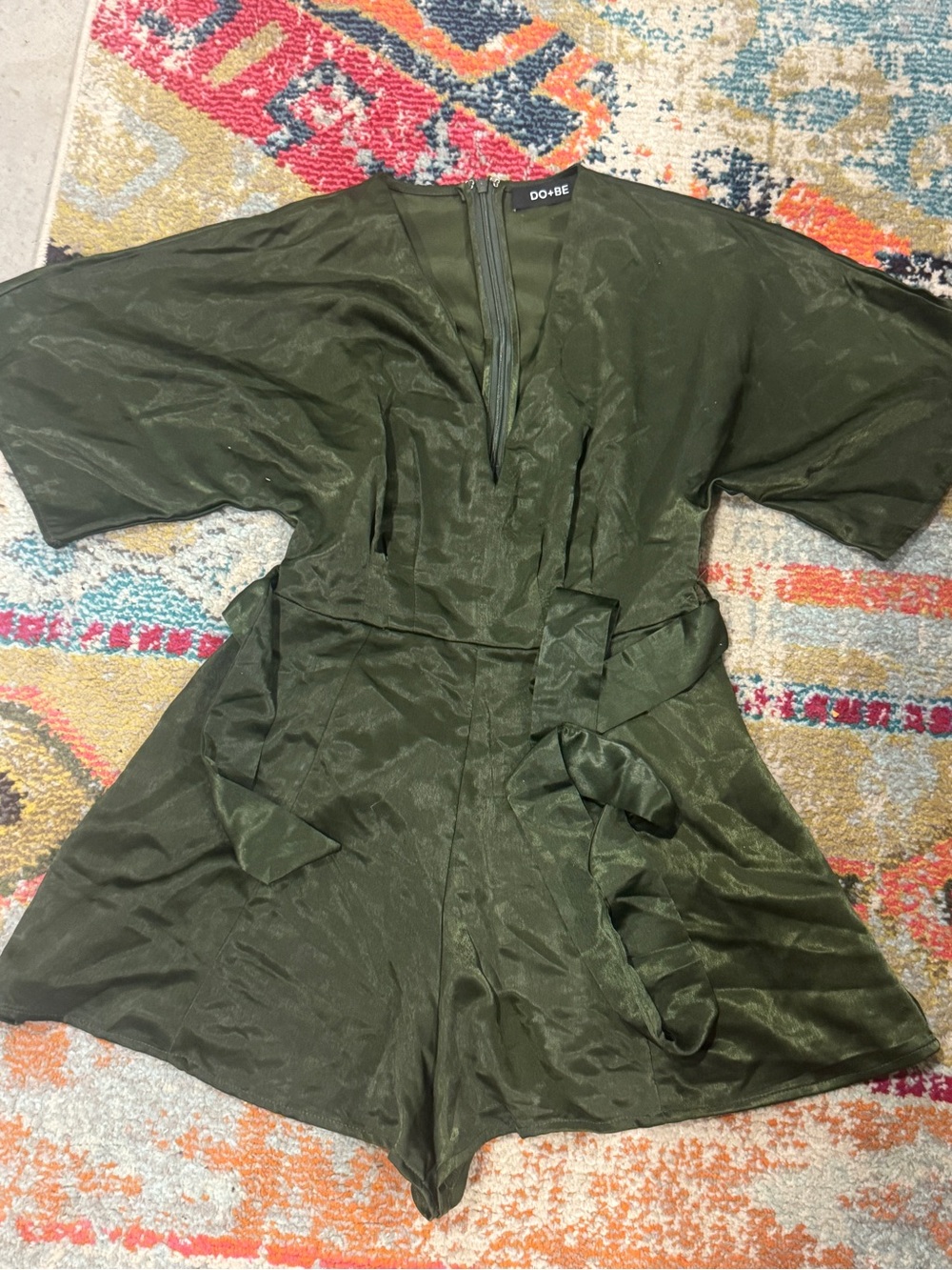 DO+BE Olive Satin Short Sleeve Romper with Waist Tie